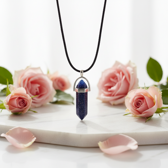 Blue Goldstone Double Terminated Pendant on Black Cord - Manmade Glass with Copper Sparkle - Heavenly Crystals Online