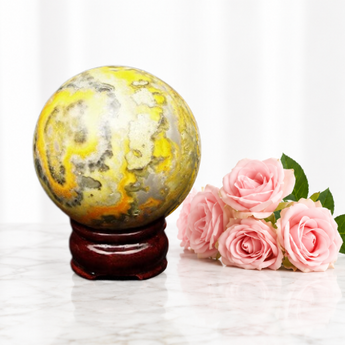 Bumblebee Jasper Sphere with Wooden Stand (388g) – Vitality, Confidence & Creative Flow - Heavenly Crystals Online