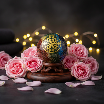 Chakra Orgonite Sphere (129g) on Wooden Stand – Alignment & Aura Protection - Heavenly Crystals Online