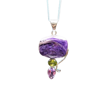 Charoite, Peridot & Amethyst Pendant in 925 Sterling Silver – Transformation, Healing & Intuition - Heavenly Crystals Online