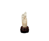 Clear Quartz Point (643g) with Golden Healer Bridges on Wooden Stand – Clarity, Activation & Healing Light - Heavenly Crystals Online