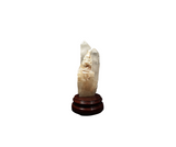 Clear Quartz Point (643g) with Golden Healer Bridges on Wooden Stand – Clarity, Activation & Healing Light - Heavenly Crystals Online