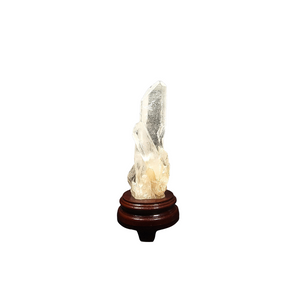Clear Quartz Point (659g) with Golden Healer Bridges & Rainbows on Wooden Stand – Clarity, Activation & Healing Light - Heavenly Crystals Online