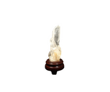 Clear Quartz Point (659g) with Golden Healer Bridges & Rainbows on Wooden Stand – Clarity, Activation & Healing Light - Heavenly Crystals Online