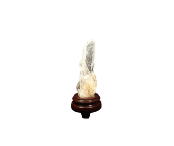 Clear Quartz Point (659g) with Golden Healer Bridges & Rainbows on Wooden Stand – Clarity, Activation & Healing Light - Heavenly Crystals Online