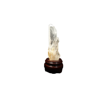Clear Quartz Point (659g) with Golden Healer Bridges & Rainbows on Wooden Stand – Clarity, Activation & Healing Light - Heavenly Crystals Online