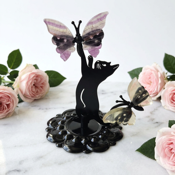 Fluorite Butterfly & Cat Figurine Stand – Crystal Display Holder & Whimsical Decor - Heavenly Crystals Online