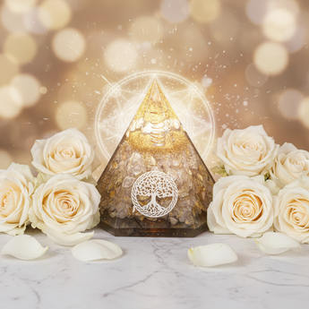 Golden Rutilated Quartz & Clear Quartz Orgonite Hexagonal Pyramid with Tree of Life (360g) – Manifestation, Clarity & High‑Vibration Alignment - Heavenly Crystals Online
