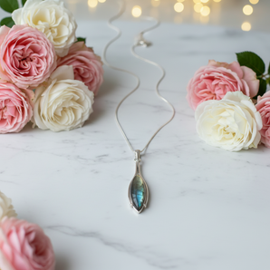 Labradorite Marquise Pendant in 925 Sterling Silver with Chain – Intuition, Protection & Transformation - Heavenly Crystals Online