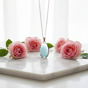 Larimar Oval Pendant 925 Sterling Silver with chain (B) - Genuine Caribbean Blue Crystal - Heavenly Crystals Online