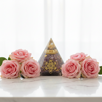 Lepidolite & Clear Quartz Orgonite Hexagonal Pyramid with Metatron’s Cube (401g) – Calming Energy, Clarity & Sacred Geometry Protection - Heavenly Crystals Online