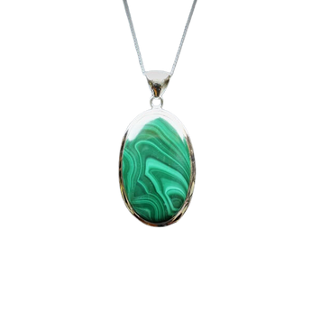 Malachite Oval Pendant Genuine in 925 Sterling Silver with chain (B) - Heart Chakra & Transformation - Heavenly Crystals Online