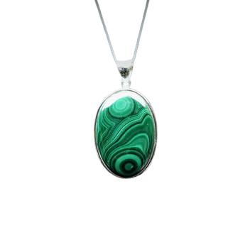 Malachite Oval Pendant Genuine in 925 Sterling Silver with chain (C) - Heart Chakra & Transformation - Heavenly Crystals Online