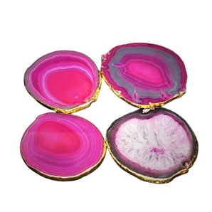 Pink Agate Gold Rim Coasters – Natural Stone Slice Drink Coasters (Set of 4) - Heavenly Crystals Online