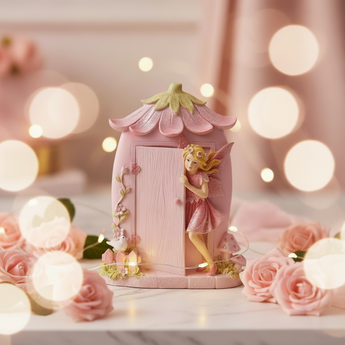 Pink Fairy with Fairy Door – 20cm Enchanted Garden Figurine - Heavenly Crystals Online