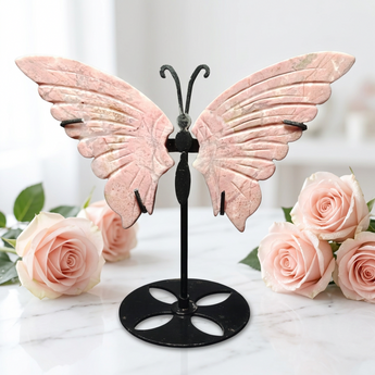 Rhodonite Butterfly Carving on Stand (173g) - Transformation & Self-Love - Heavenly Crystals Online