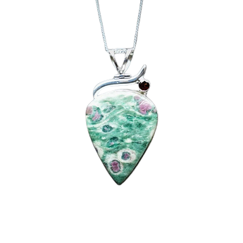 Ruby in Fuchsite with Garnet Tear Drop Pendant 925 Sterling Silver with chain - Emotional Healing & Courage and Strength - Heavenly Crystals Online