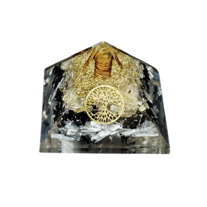 Selenite, Black Tourmaline, Golden Rutile & Clear Quartz Tree of Life Orgonite Pyramid - Cleansing, Protection, Manifestation & Energy Alignment - Heavenly Crystals Online
