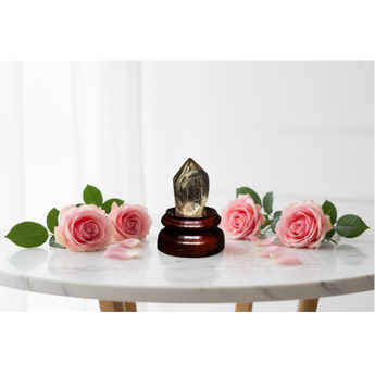 Smoky Quartz with Golden Rutilated Quartz Point with Wooden Stand (200g) – Grounding, Clarity & Soul Activation - Heavenly Crystals Online