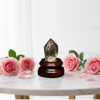 Smoky Quartz with Golden Rutilated Quartz Point with Wooden Stand (200g) – Grounding, Clarity & Soul Activation - Heavenly Crystals Online