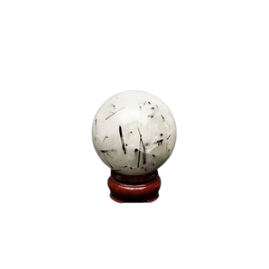 Tourmalinated Quartz Sphere with wooden stand (214g) – Protection, Clarity & Energy Shielding - Heavenly Crystals Online