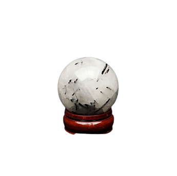 Tourmalinated Quartz Sphere with wooden stand (341g) – Protection, Clarity & Energy Shielding - Heavenly Crystals Online