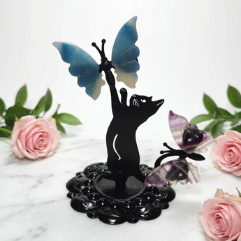 Trolleite Quartz and Fluorite Butterfly & Cat Figurine Stand – Crystal Display Holder & Whimsical Decor - Heavenly Crystals Online