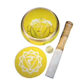 Yellow Brass Tibetan Singing Bowl with Striker & Cushion – Solar Plexus Chakra, Wisdom & Personal Power - Heavenly Crystals Online
