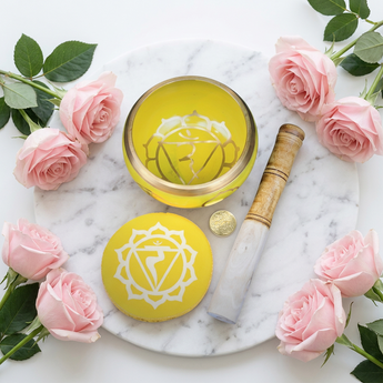 Yellow Brass Tibetan Singing Bowl with Striker & Cushion – Solar Plexus Chakra, Wisdom & Personal Power - Heavenly Crystals Online