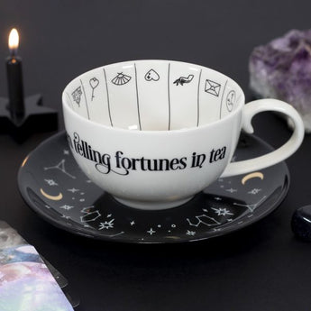 Fortune Telling Ceramic Teacup & Black Saucer Set – Tea Leaf Reading & Divination - Heavenly Crystals Online