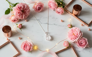 925 sterling silver raw crystal pendant necklace with soft pink roses and warm fairy lights on white marble for crystal gemstone jewellery