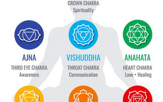 Seven chakra energy centres with healing crystals including amethyst, rose quartz, citrine and carnelian