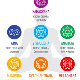 Seven chakra energy centres with healing crystals including amethyst, rose quartz, citrine and carnelian
