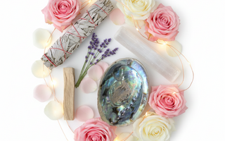 Smudge pack with abalone shell, white sage, selenite wand and palo santo for sacred space clearing and energy purification