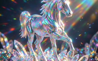 Iridescent crystal horse surrounded by rainbow light and quartz crystals representing Year of the Horse energy