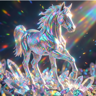 Iridescent crystal horse surrounded by rainbow light and quartz crystals representing Year of the Horse energy
