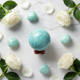Amazonite sphere and tumbled stones for calm, authentic communication and emotional healing