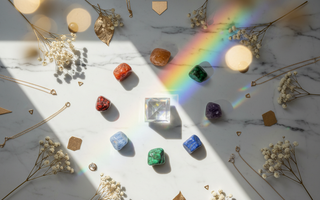 Prism casting rainbow light across chakra crystals including garnet, carnelian, citrine, malachite, lapis lazuli and amethyst on white marble