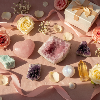 Mother's Day crystal gift flatlay with Pink Amethyst, Rose Quartz, Aquamarine, Lepidolite, Amethyst, Citrine and Rainbow Moonstone on blush pink velvet with roses and ribbon