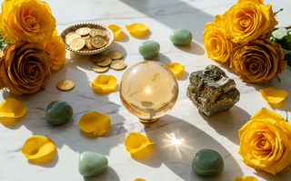 Healing crystals for abundance and prosperity including Citrine, Pyrite, Green Aventurine and Tigers Eye on a luxury background