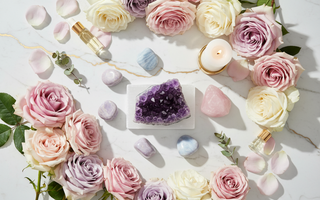 Calming crystals for anxiety and stress including Amethyst, Lepidolite, Blue Lace Agate and Selenite on a luxury background