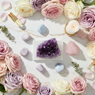 Calming crystals for anxiety and stress including Amethyst, Lepidolite, Blue Lace Agate and Selenite on a luxury background