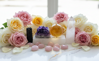 Best healing crystals for beginners including Amethyst, Citrine, Rose Quartz, Black Tourmaline and Selenite on a luxury background