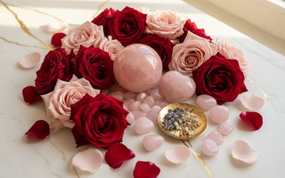 Healing crystals for love and relationships including Rose Quartz, Rhodonite, Moonstone and Garnet on a luxury background