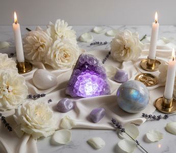 Crystals for sleep including Amethyst, Lepidolite, Moonstone, Howlite and Selenite styled on a luxury bedside setting