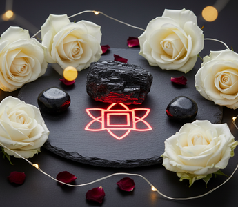 Black Tourmaline crystals with white roses and fairy lights for Root Chakra grounding – Heavenly Crystals Online