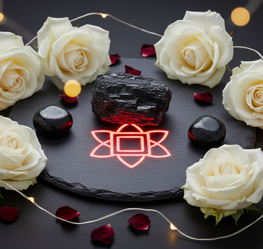 Black Tourmaline crystals with white roses and fairy lights for Root Chakra grounding – Heavenly Crystals Online