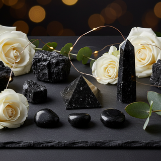 Black Tourmaline crystals in various shapes with white roses and fairy lights – Heavenly Crystals Online