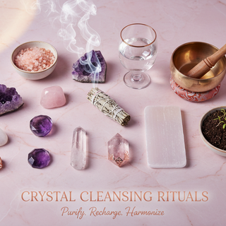 Crystal cleansing methods flat lay showing sage, singing bowl, selenite, himalayan salt, water and healing crystals on blush marble