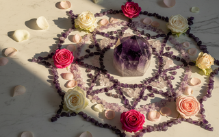 Crystal grid with polished crystal point centrepiece, crystal chips in amethyst, rose quartz and clear quartz, surrounded by fresh roses and petals on white marble